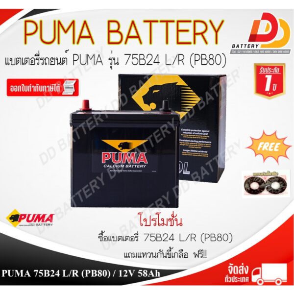 PUMA PB80 R/L SMF 12V 58Ah แบตเตอรี่แห้งพร้อมใช้ สำหรับรถเก๋ง จัดส่งทั่วประเทศ