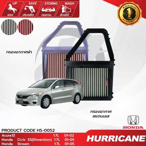 HURRICANE กรองอากาศรถยนต์ผ้าแดง & สแตนเลสAcura El