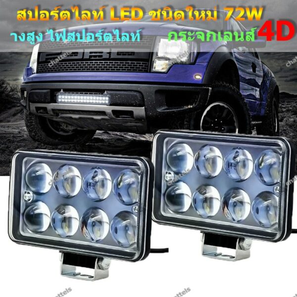 72W รุ่นใหม่ ไฟสปอร์ตไลท์ LED กระจกเลนส์ 4D ไฟสปอร์ตไลท์รถยนต์ ไฟหน้ารถ ไฟท้าย ไฟช่วยตัดหมอก สว่างมาก ไฟส่องสว่าง