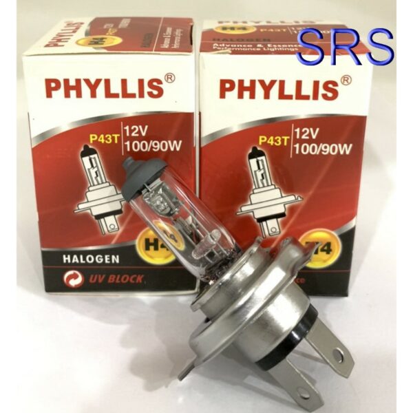 PHYLLIS หลอดไฟหน้ารถยนต์ ขั้ว H4 12V. 100/90W. ( 1 หลอด )