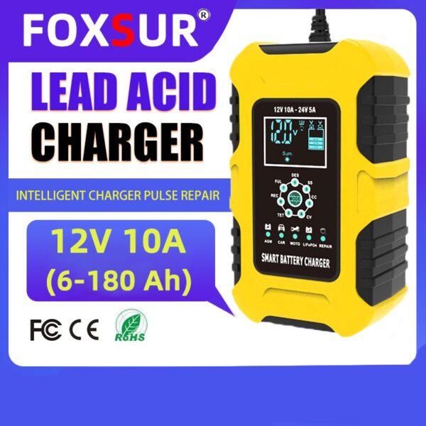 พร้อมส่ง เครื่องชาร์จรถยนต์ FOXSUR 12V10A รุ่นสมาร์ทชาร์จ จอLCD ใช้ได้ทั้งแบตรถยนต์ มอเตอร์ไซค์ รถบ้าน