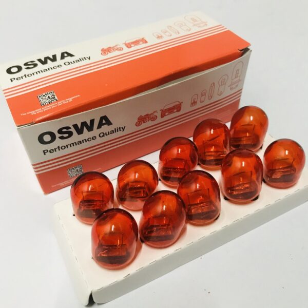 หลอดไฟเลี้ยว OSWA T20 12V 21W AMBER  1 ไส้ แสงสีส้ม แบบเสียบ(1 กล่อง 10 หลอด)